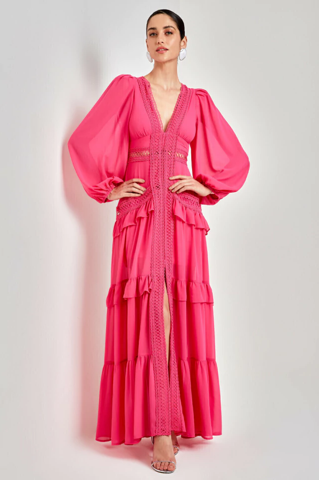 Glam Long Sleeve Ruffle Trim Maxi Dress