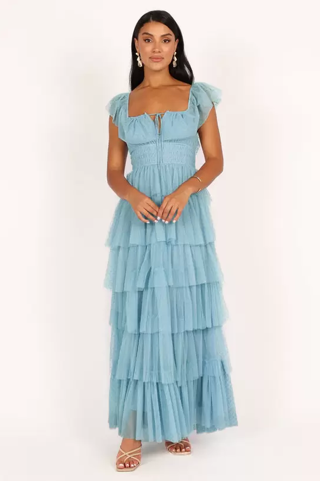 Blue Tulle Mesh Tiered Maxi Dress
