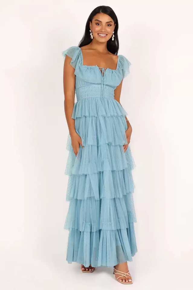 Blue Tulle Mesh Tiered Maxi Dress