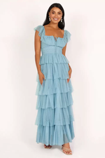 Blue Tulle Mesh Tiered Maxi Dress