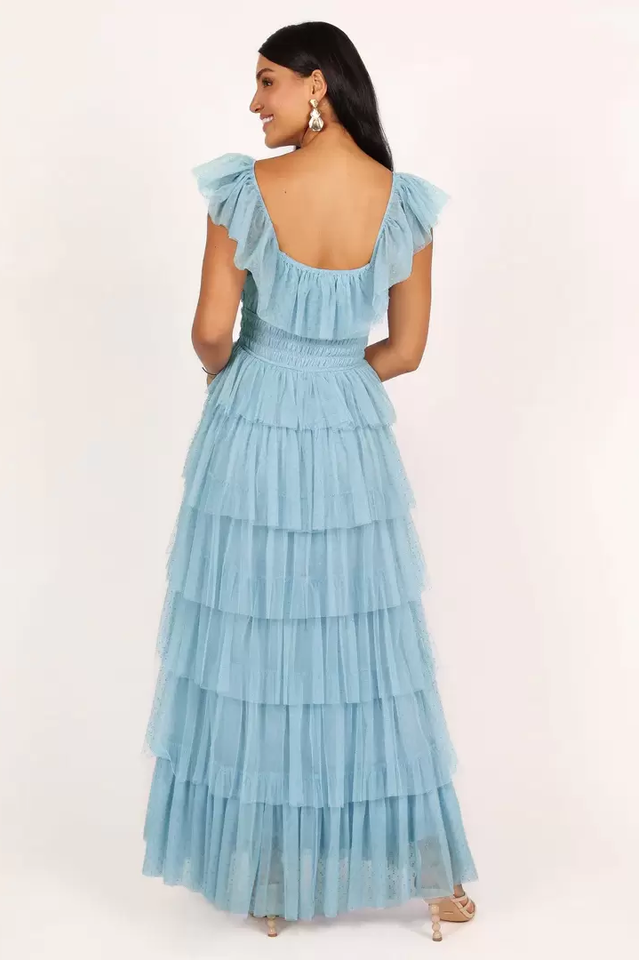 Blue Tulle Mesh Tiered Maxi Dress