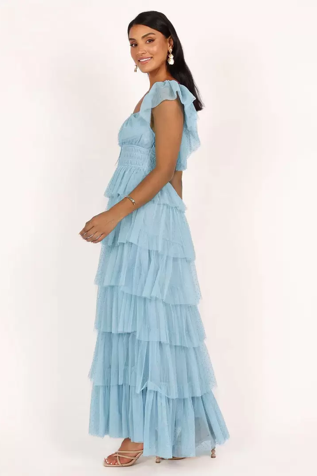Blue Tulle Mesh Tiered Maxi Dress