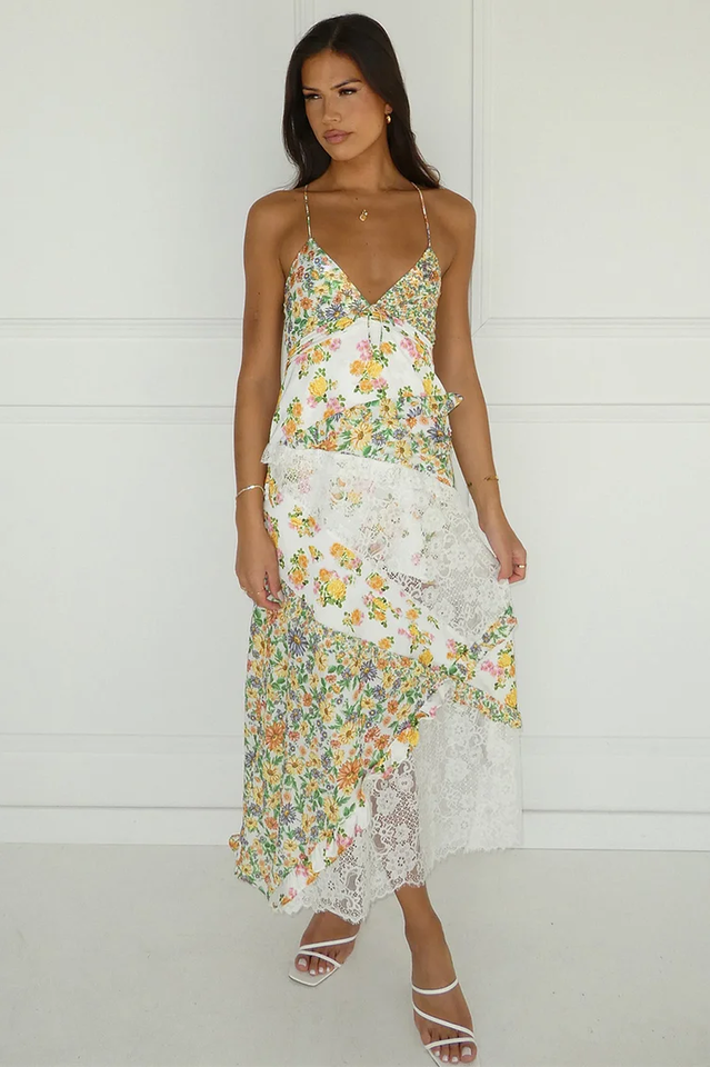 Green Floral Lace Insert Slip Dress