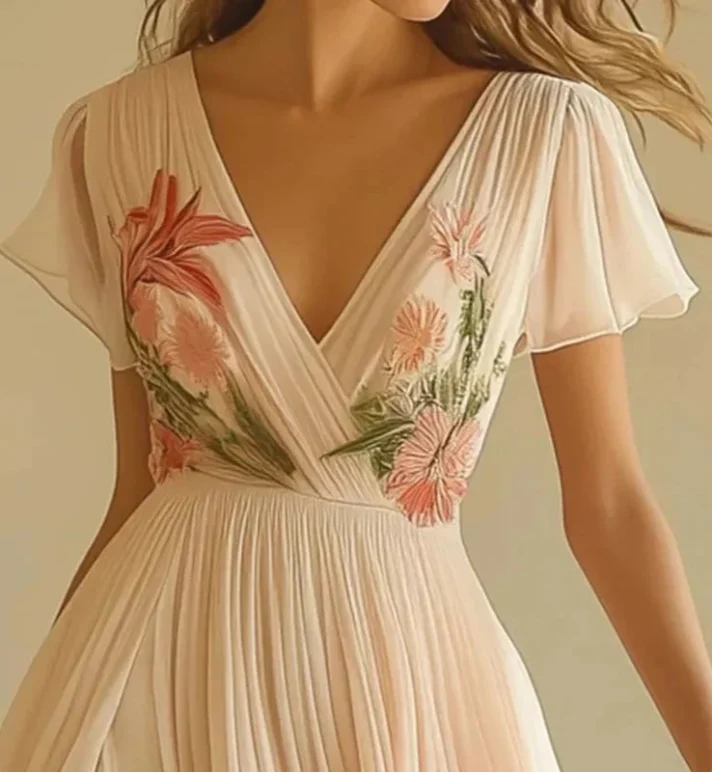Elegant Coral Floral Pleated Maxi Dress