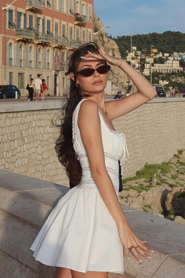 White Square Neckline Lace Mini Dress