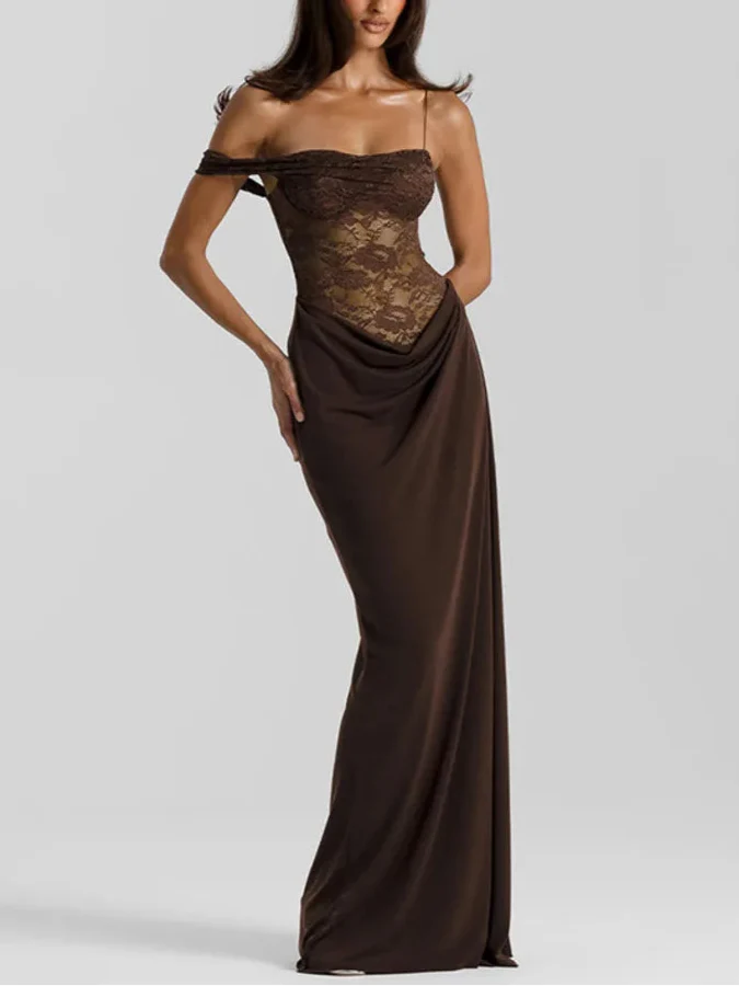 Delicate Lace Top Paneled Satin Maxi Dress
