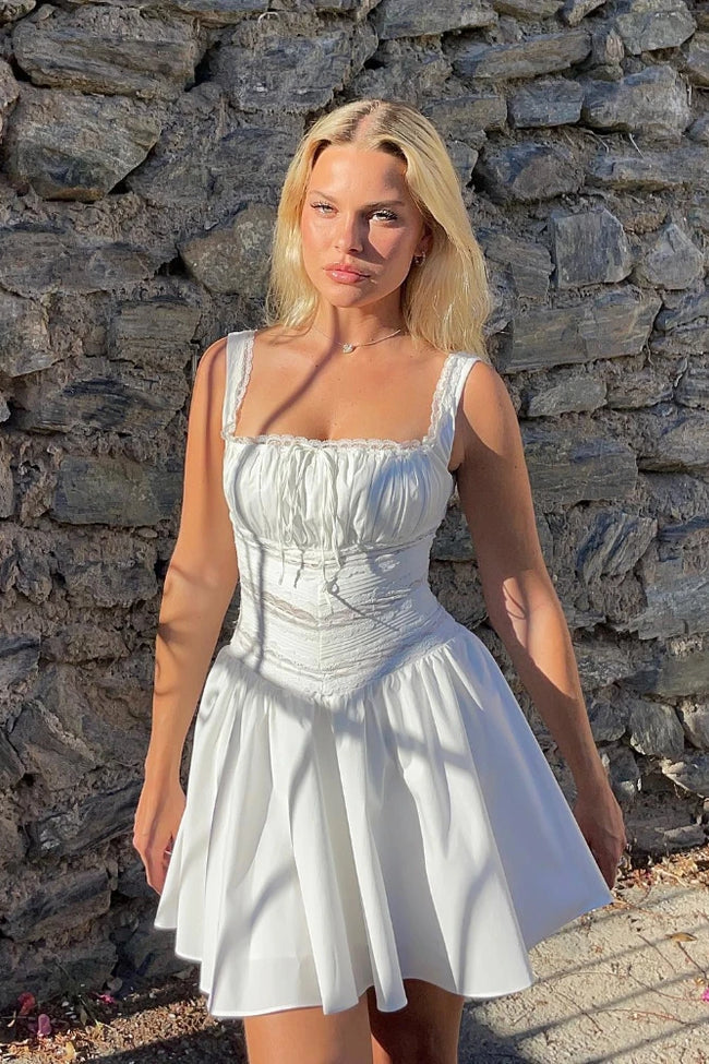 White Square Neckline Lace Mini Dress