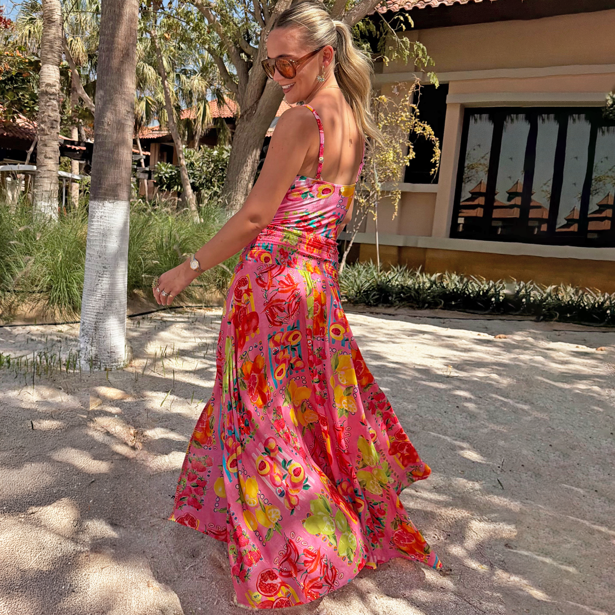 Pink Fruit Stamps Print Maxi Skirt