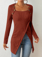 Ribbed Knit Asymmetrical Hem T-Shirt