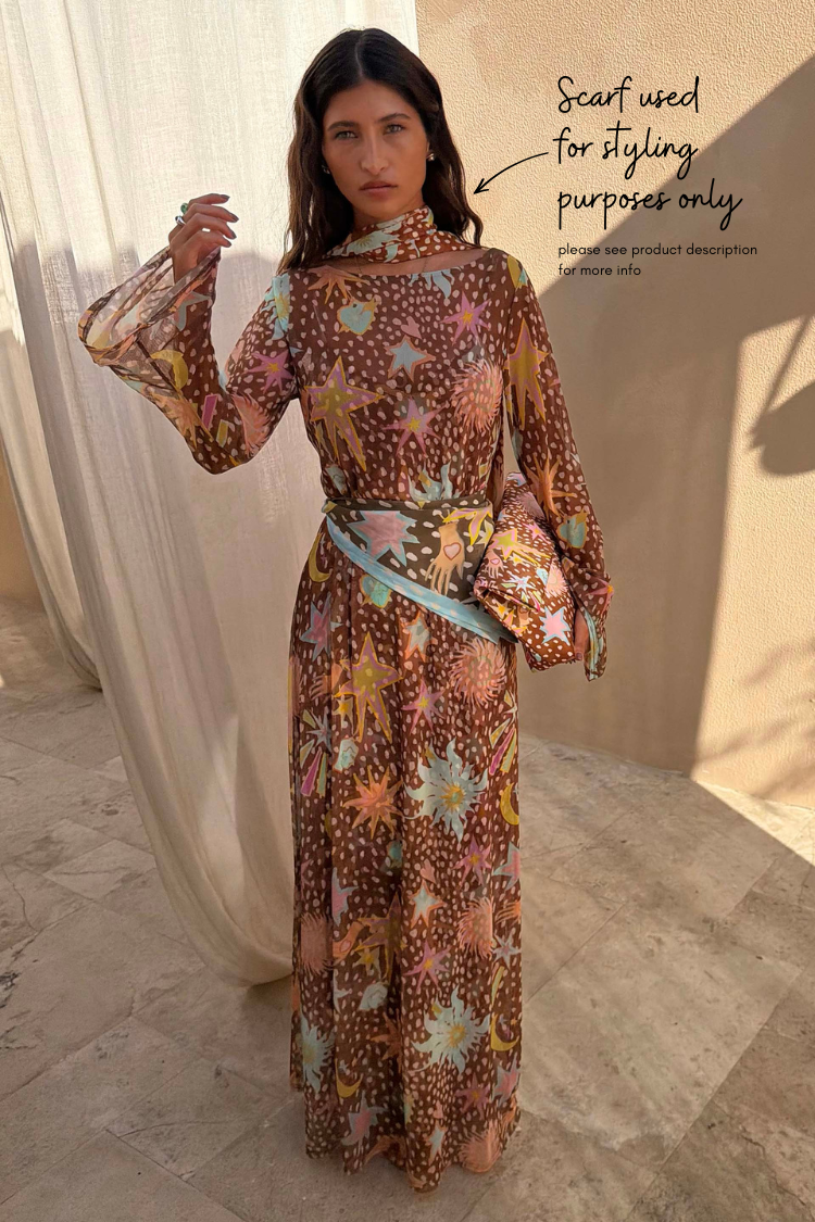 Brown Star Print Long Sleeves Maxi Dress
