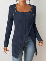 Ribbed Knit Asymmetrical Hem T-Shirt