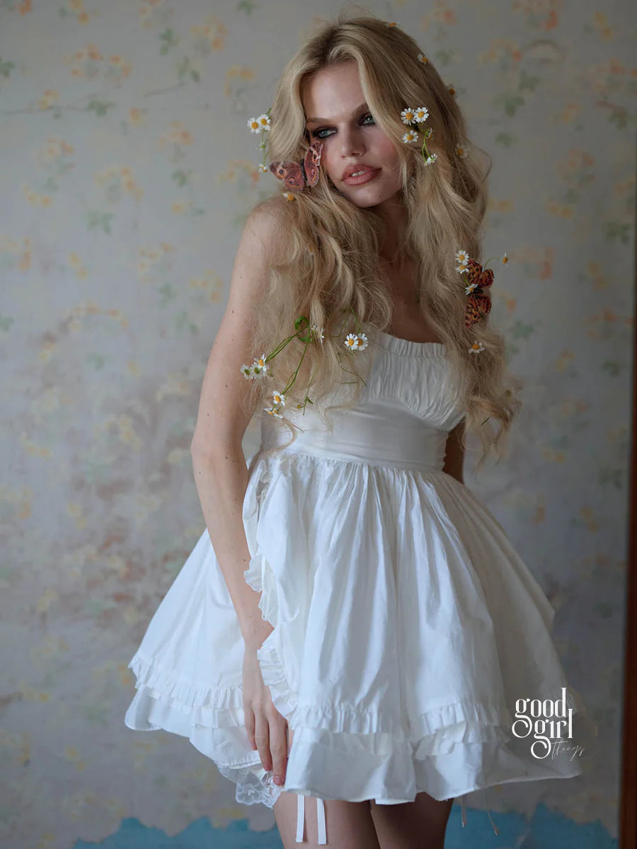 White Pleated Waist Sleeveless Mini Dress
