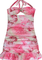 Pink Rose Print Backless Mini Dress
