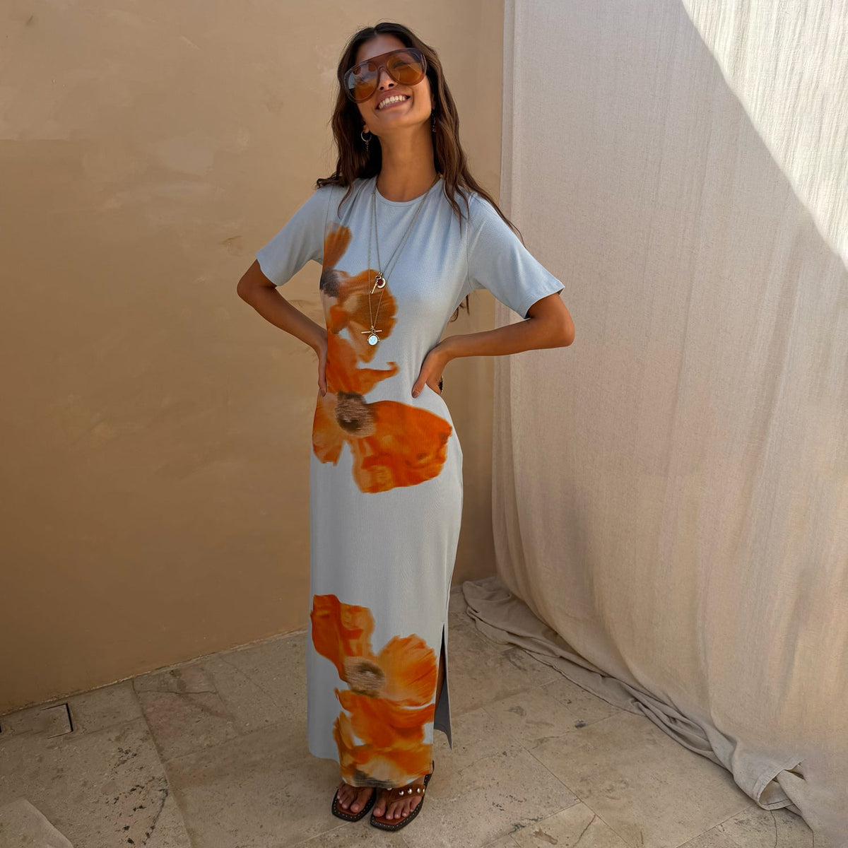 Ice Blue Floral Ribbed Midi Dress