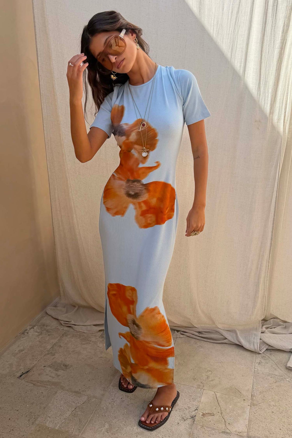 Ice Blue Floral Ribbed Midi Dress