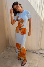 Ice Blue Floral Ribbed Midi Dress