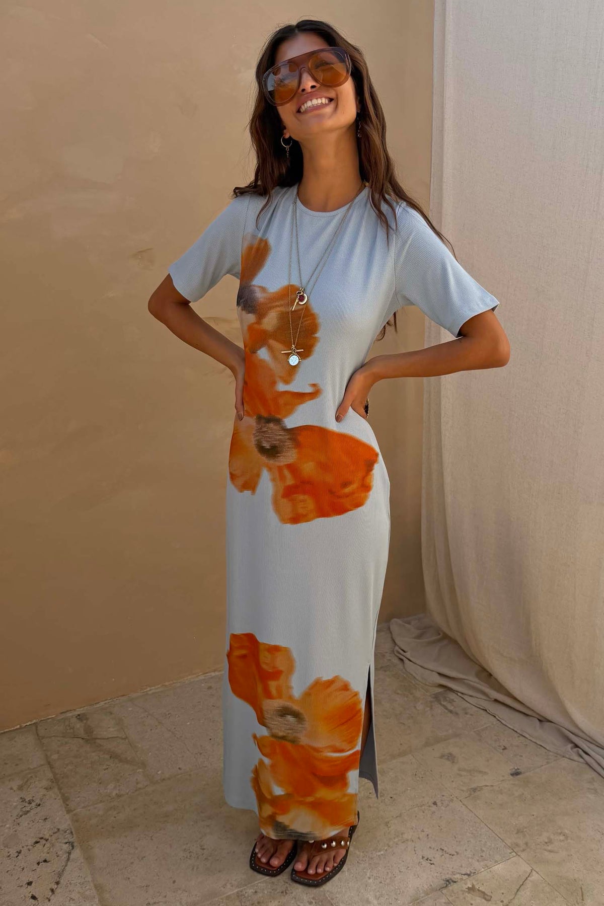 Ice Blue Floral Ribbed Midi Dress