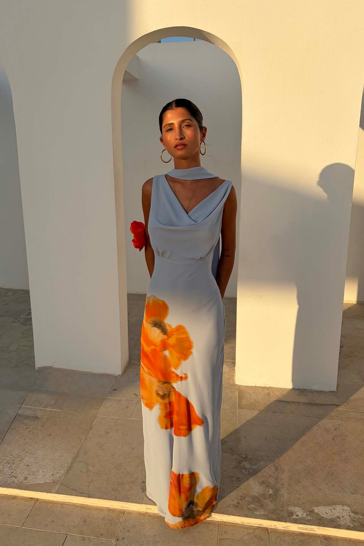 Ice Blue Floral Halter Maxi Dress