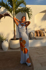 Ice Blue Floral Halter Maxi Dress