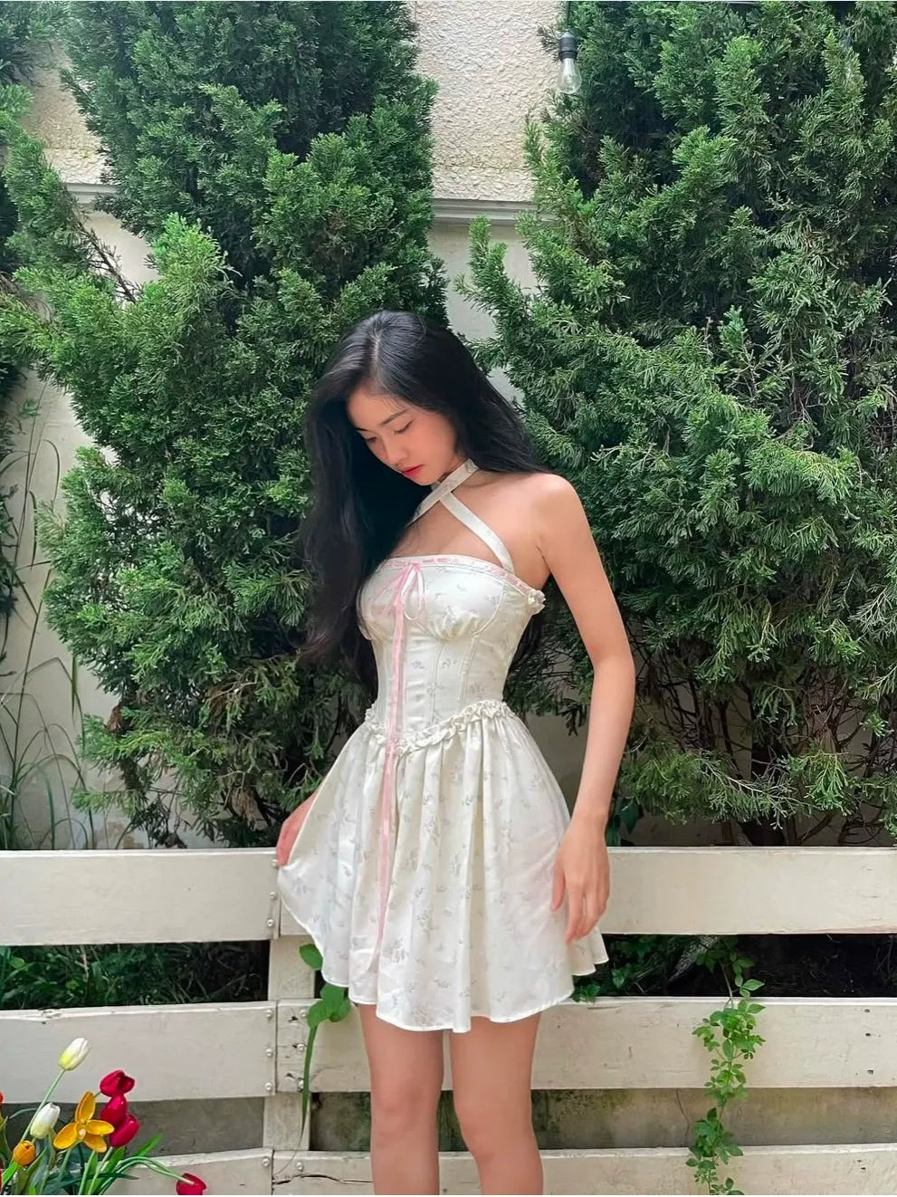 White Floral Halter Mini Dress