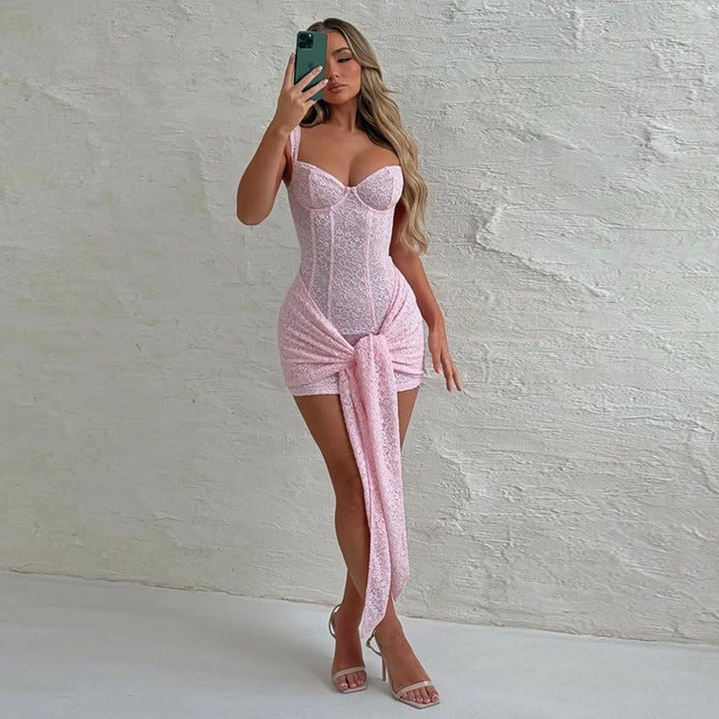 Crochet Lace Self-Tie Mini Dress