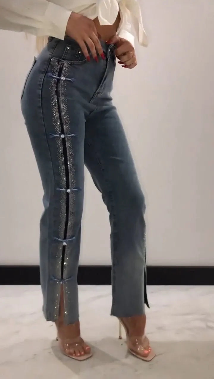 Blue Side Sequined Trim Denim Jeans