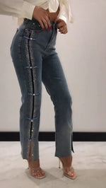 Blue Side Sequined Trim Denim Jeans