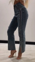 Blue Side Sequined Trim Denim Jeans