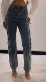 Blue Side Sequined Trim Denim Jeans
