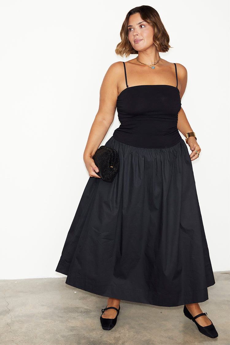 Black Solid Strapless Midi Dress