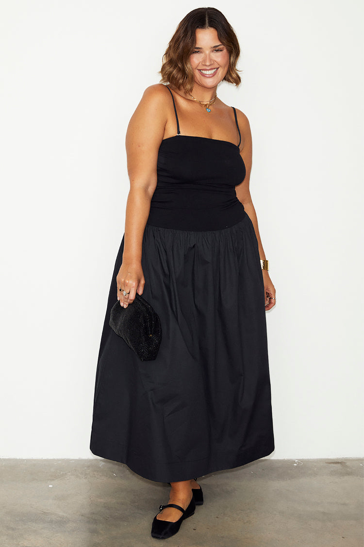 Black Solid Strapless Midi Dress