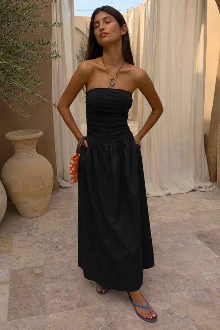 Black Solid Strapless Midi Dress
