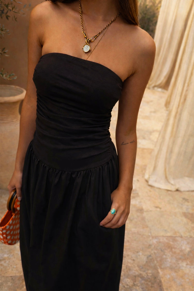 Black Solid Strapless Midi Dress