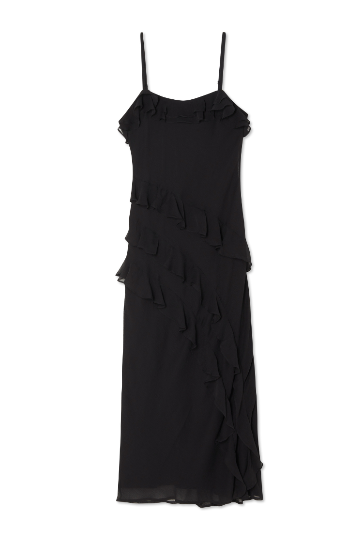 Black Flounced Slip Midi Dress