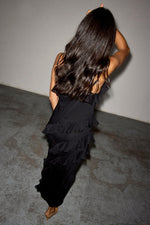 Black Flounced Slip Midi Dress