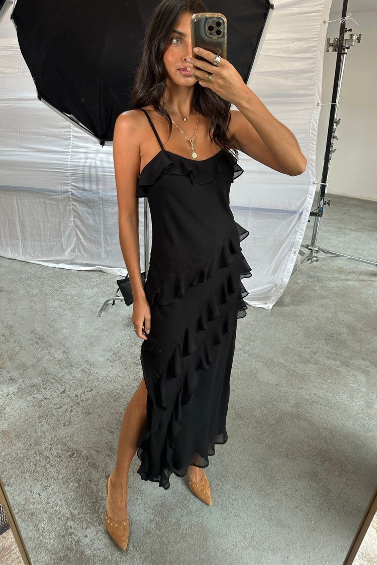 Black Flounced Slip Midi Dress