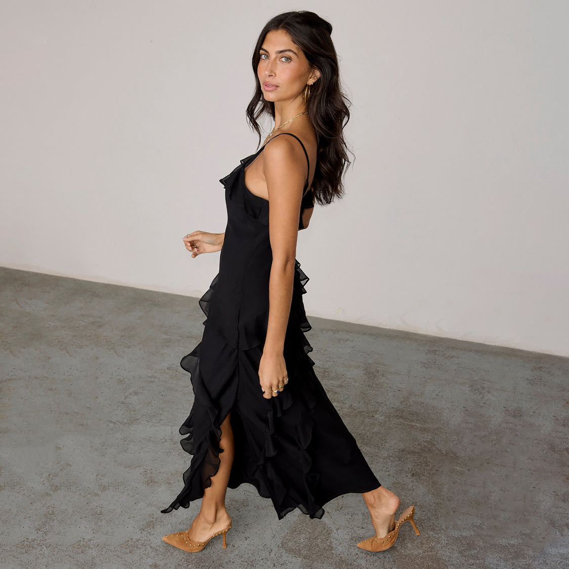 Black Flounced Slip Midi Dress