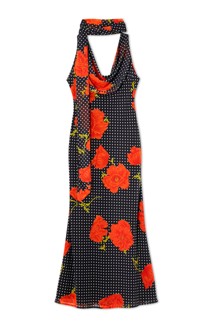 Black Poppy Print Sleeveless Midi Dress