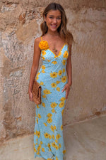 Blue Yellow Poppy Maxi Dress