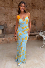 Blue Yellow Poppy Maxi Dress