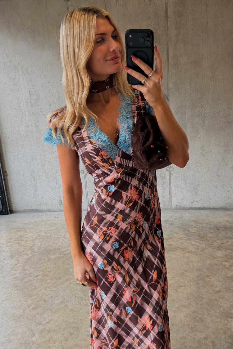 Brown Check Floral Dress