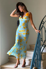 Blue Yellow Poppy Maxi Dress