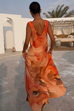 Orange Floral Sleeveless Midi Dress