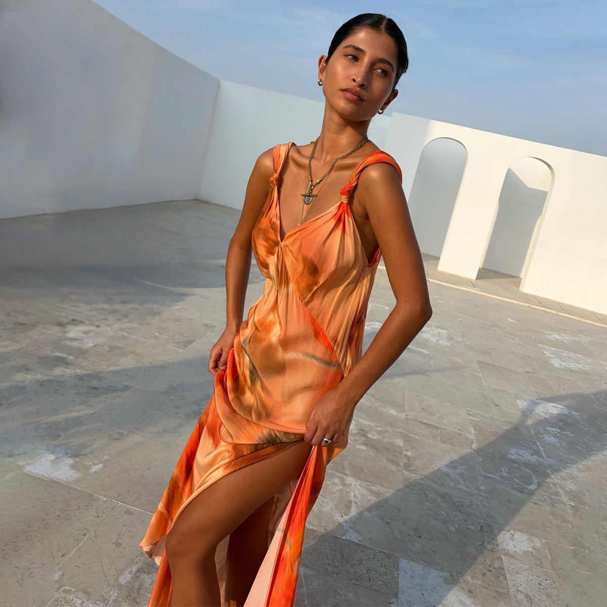 Orange Floral Sleeveless Midi Dress