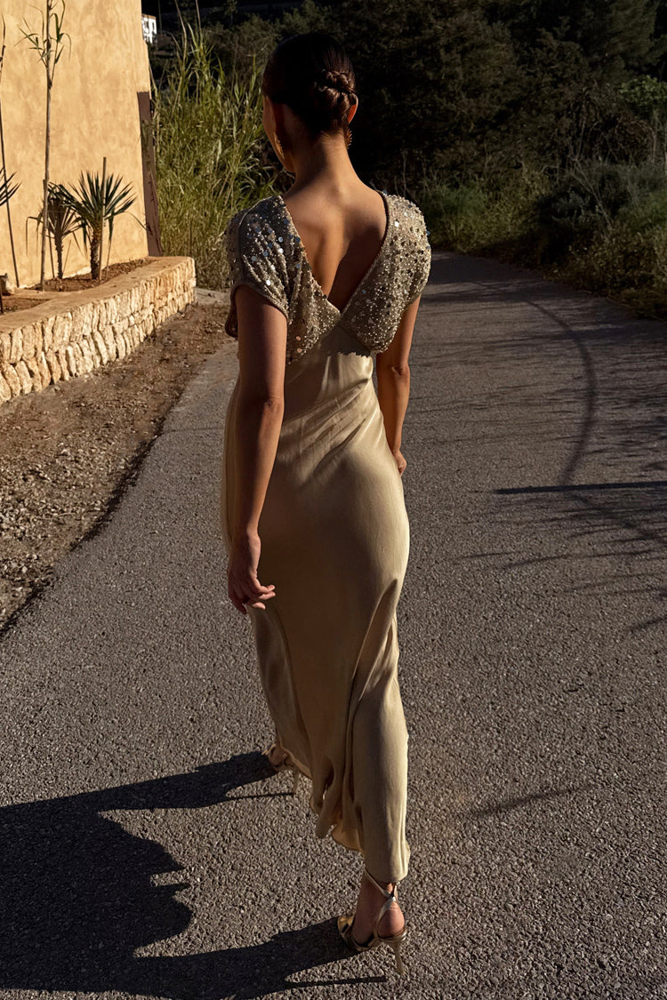 Gold Sequin Satin Midi Dress