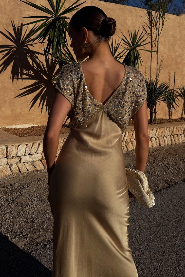 Gold Sequin Satin Midi Dress