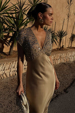 Gold Sequin Satin Midi Dress