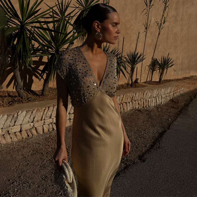 Gold Sequin Satin Midi Dress