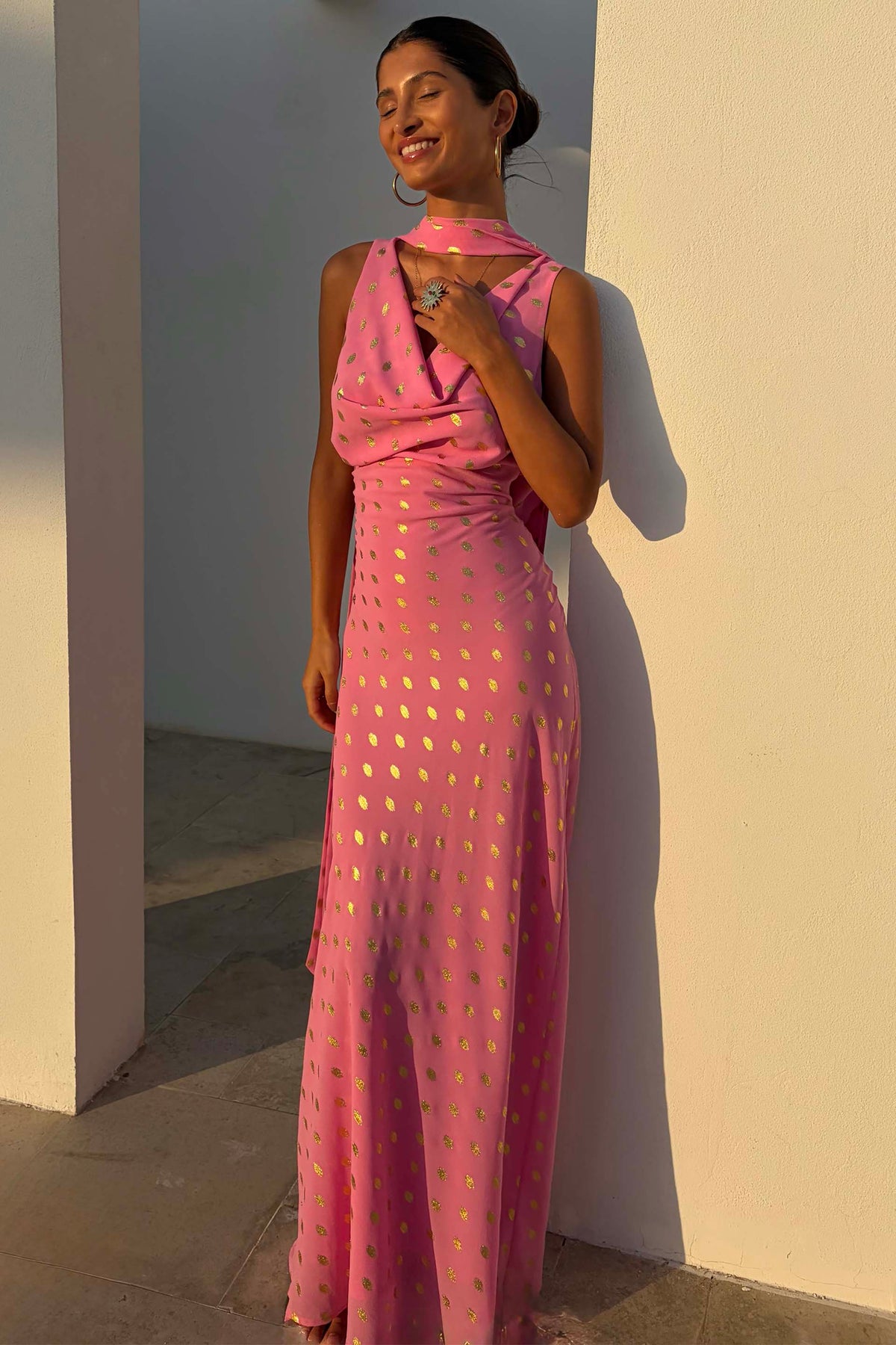 Pink Polka Dot Halter Maxi Dress