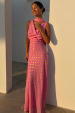 Pink Polka Dot Halter Maxi Dress